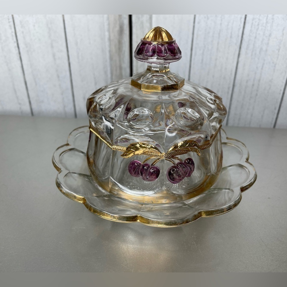 VTG EAPG Mosser Northwood Red Cherry Gold Glass Butter Cheese Dish Thumbprint